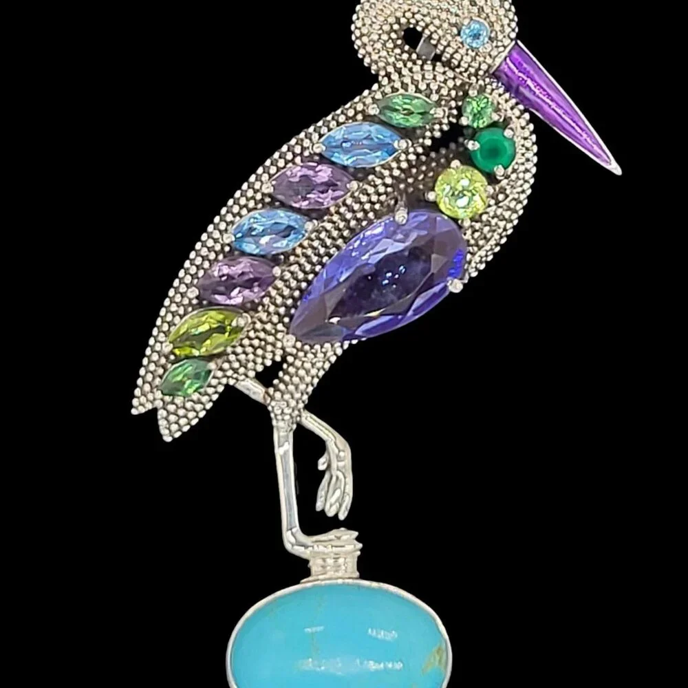 Nicky Butler Rare Heron Brooch Pendant Turquoise & Gemstone .925 Sterling SIlver - Picture 4 of 12
